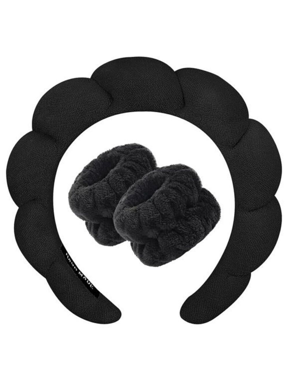 Spa Headband and Wristband Set Face Wash Makeup Skincare Hair Accessory Black